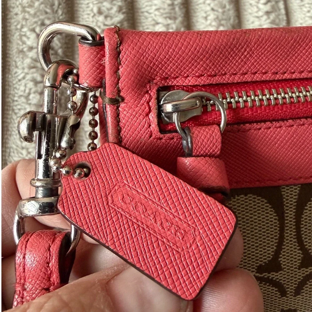 Coach Signature Canvas Saffiano Leather Wristlet Coral Pink Khaki 52860 - Picture 3 of 15